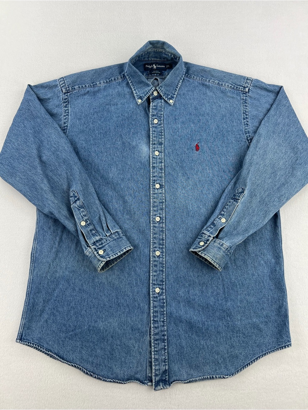 Vintage Ralph Lauren Blake Fit Blue Denim Button Down Shirt Red Pony Men Size L